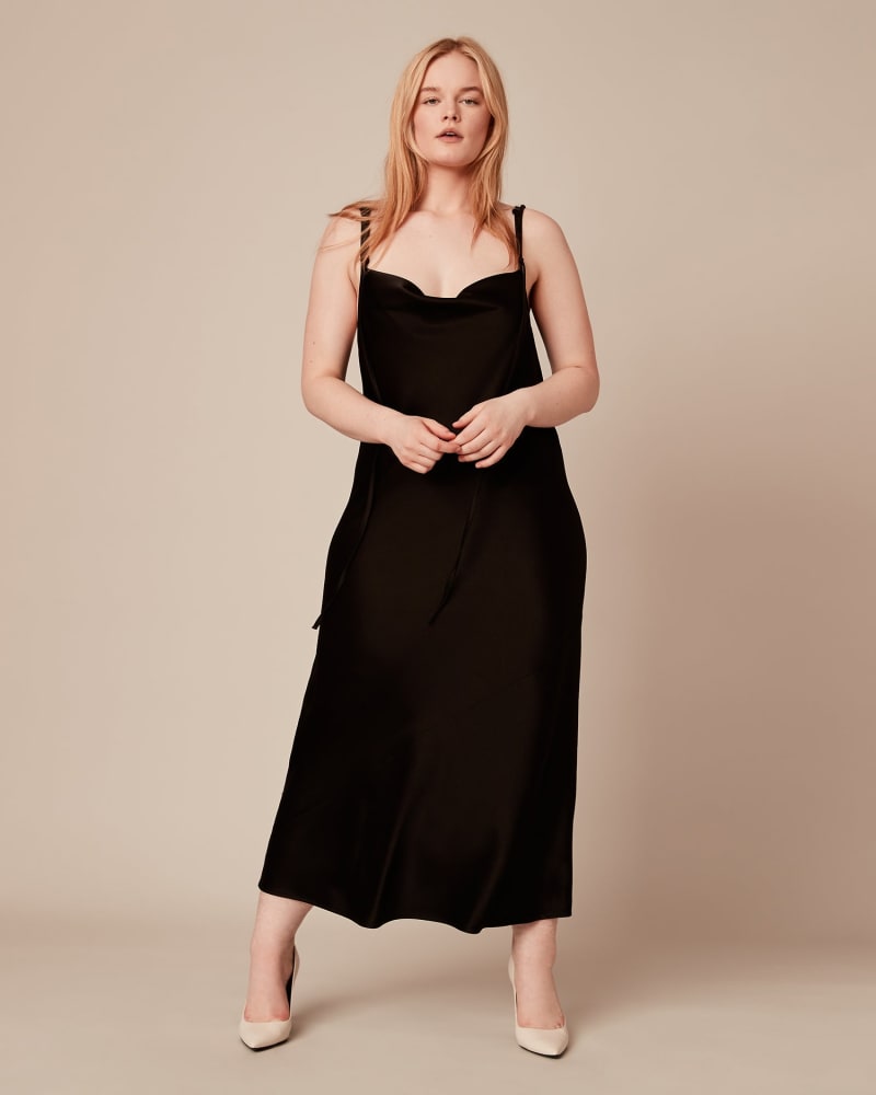 Front of a model wearing a size 1 Tie Me Up Bias Slip Dress in Black by Baacal. | dia_product_style_image_id:227966